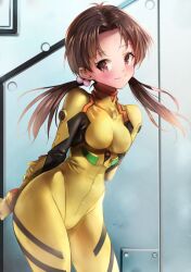 Rule 34 | 1girl, artist request, ass, blush, bodysuit, brown hair, curvy, freckles, gun, horaki hikari, long hair, looking at viewer, low twintails, neon genesis evangelion, plugsuit, rifle, shiny clothes, skin tight, solo, twintails, weapon, wide hips, yellow bodysuit