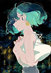 Rule 34 | 1girl, aqua hair, closed mouth, crescent moon, earrings, closed eyes, from side, grey pants, hands on own chest, jewelry, loose clothes, loose shirt, moon, nail polish, original, own hands together, pants, profile, shirt, short hair, simple background, solo, sora usagim, standing, white shirt