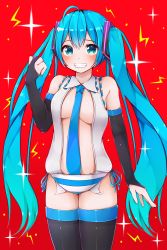 Rule 34 | 00s, 1girl, amepon, aqua eyes, aqua hair, arm up, bare shoulders, between breasts, blush, breasts, cleavage, detached sleeves, grin, hatsune miku, highres, lightning bolt symbol, long hair, looking at viewer, matching hair/eyes, medium breasts, necktie, necktie between breasts, no bra, open clothes, panties, parted lips, red background, simple background, smile, solo, sparkle, standing, striped clothes, striped panties, teeth, thighhighs, twintails, underwear, vocaloid
