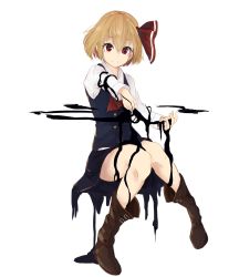Rule 34 | 1girl, ascot, black skirt, black vest, blonde hair, boots, brown footwear, darkness, eyebrows, full body, hair ribbon, highres, knees together feet apart, long sleeves, looking at viewer, lumo 1121, red eyes, red ribbon, ribbon, rumia, short hair, simple background, sitting, skirt, skirt set, solo, touhou, vest, white background