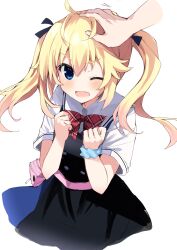 Rule 34 | 1girl, 1other, absurdres, ahoge, bag, black dress, black ribbon, blonde hair, blue dress, blue eyes, blue scrunchie, blush, bow, bowtie, clenched hands, collared shirt, disembodied limb, dress, fang, fanny pack, floating hair, grisaia (series), grisaia no kajitsu, hair between eyes, hair ribbon, hand on another&#039;s head, hands up, headpat, highres, long hair, looking at viewer, matsushima michiru, one eye closed, open mouth, out of frame, pink bag, plaid, plaid bow, red bow, red bowtie, ribbon, sailor collar, sailor dress, school uniform, scrunchie, serafuku, shirt, short sleeves, simple background, skin fang, sweatdrop, takepoison, twintails, white background, white sailor collar, white shirt, wrist scrunchie