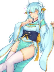 Rule 34 | 1girl, blue hair, blush, cold (hoshinoskull), dragon horns, fate/grand order, fate (series), finger to mouth, hair ornament, heart, highres, horns, japanese clothes, kimono, kiyohime (fate), long hair, long sleeves, looking at viewer, obi, pelvic curtain, sash, simple background, smile, solo, thighhighs, white thighhighs, wide sleeves, yellow eyes