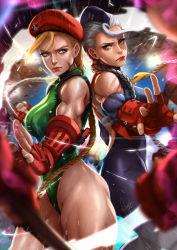 Rule 34 | 2girls, artist name, back-to-back, backless outfit, beret, biceps, blonde hair, blush, braid, cammy white, cowboy shot, decapre, female focus, fighting stance, fingerless gloves, gloves, grey hair, hat, highleg, highleg leotard, highres, leotard, looking at viewer, magion02, multiple girls, muscular, muscular female, scar, signature, street fighter, sweat, thick thighs, thighs, toned, twin braids, yellow eyes