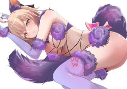 Rule 34 | 1girl, ahoge, animal ears, black bow, blonde hair, blush, bow, breasts, cosplay, elbow gloves, fate/grand order, fate (series), fur-trimmed gloves, fur-trimmed legwear, fur-trimmed thighhighs, fur bikini, fur collar, fur trim, gloves, hair bow, halloween costume, highres, koha-ace, lace, lace-trimmed legwear, lace trim, large breasts, looking at viewer, mash kyrielight, mash kyrielight (dangerous beast), mash kyrielight (dangerous beast) (cosplay), navel, nigori (keydoor), o-ring, o-ring top, okita souji (fate), okita souji (koha-ace), purple gloves, purple tail, purple thighhighs, revealing clothes, short hair, solo, tail, thighhighs, wolf ears, wolf tail, yellow eyes