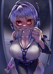 Rule 34 | 1girl, absurdres, ahoge, belt, blue necktie, blue pants, blue sleeves, bolt cutters, breasts, cleavage, collarbone, commentary request, cowboy shot, detached sleeves, eyelashes, eyeshadow, fang, grey hair, hair between eyes, hand up, headset, highres, large breasts, leaning forward, lens flare, looking at viewer, makeup, necktie, open mouth, pants, red eyes, shiny clothes, shirt, sidelocks, skin fang, sleeveless, sleeveless shirt, solo, thighs, user jkzc5247, vocaloid, white shirt, yandere, yowane haku