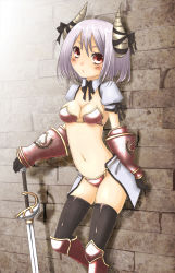 Rule 34 | 1girl, against wall, armor, bad id, bad pixiv id, bikini armor, black thighhighs, blush, breasts, gauntlets, greaves, highres, horns, looking at viewer, medium breasts, miyamae porin, navel, original, planted, planted sword, planted weapon, purple hair, red eyes, short hair, solo, sword, thighhighs, weapon