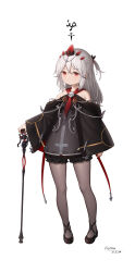 Rule 34 | 1girl, absurdres, artist name, black bloomers, black pantyhose, bloomers, cane, dated, full body, grey hair, hair between eyes, half updo, headpiece, highres, koebushi (mat), long hair, neckerchief, one side up, original, pantyhose, red eyes, simple background, skull ornament, solo, standing, white background