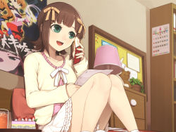 Rule 34 | 1girl, amami haruka, blush, brown hair, cake, calendar (object), cellphone, chest of drawers, drink, food, green eyes, hair ribbon, hitoto, idolmaster, idolmaster (classic), lamp, open mouth, paper, phone, plant, poster (object), potted plant, ribbon, short hair, sitting, skirt, smile, solo, stuffed animal, stuffed toy, teddy bear