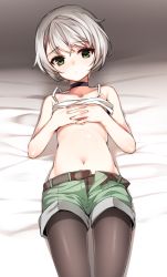 Rule 34 | 1girl, bad id, bad pixiv id, belt, choker, clothes lift, covering privates, covering breasts, green eyes, interlocked fingers, lying, navel, on back, open belt, open fly, original, own hands clasped, own hands together, pantyhose, shirt lift, short hair, shorts, silver hair, solo, swept bangs, tama (tamatamo), tank top, unbuckled, unbuttoned, unzipped