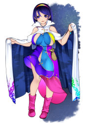 Rule 34 | 1girl, adapted costume, aoshima, bare shoulders, blue eyes, blue hair, boots, bracelet, breast cutout, breasts, cloak, clothing cutout, commentary request, full body, hairband, highres, jewelry, large breasts, looking at viewer, multicolored clothes, open mouth, parted lips, partially unzipped, pink footwear, pouch, rainbow hair ornament, short hair, shoulder cutout, shoulderless cloak, side cutout, simple background, smile, solo, tenkyuu chimata, touhou, zipper