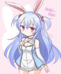 Rule 34 | 1girl, animal ears, bare shoulders, blue hair, blush, bow, rabbit ears, closed mouth, commentary, copyright name, cowboy shot, detached sleeves, dress, expressionless, frr (akf-hs), hair bobbles, hair ornament, hand on own chest, highres, long hair, noah (rabi ribi), pink bow, purple eyes, rabi-ribi, simple background, sketch, solo, two side up, very long hair