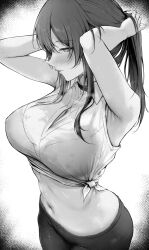 1girl absurdres adapted_costume aisutei armpits arms_up blush bra_visible_through_clothes breasts cleavage closed_mouth collared_shirt commentary_request cowboy_shot greyscale highres honkai:_star_rail honkai_(series) kafka_(honkai:_star_rail) large_breasts long_hair looking_at_viewer midriff monochrome navel pants profile shirt smile solo tied_shirt tying_hair white_shirt yoga_pants
