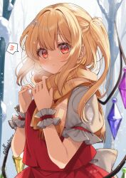 Rule 34 | 1girl, absurdres, ascot, blonde hair, blush, crystal, flandre scarlet, fringe trim, haruki (colorful macaron), highres, long hair, looking at viewer, one side up, orange scarf, parted lips, puffy short sleeves, puffy sleeves, red eyes, red skirt, red vest, scarf, short sleeves, skirt, snow, snowing, solo, touhou, twitter username, vest, wings, wrist cuffs, yellow ascot