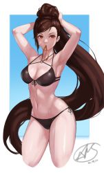 Rule 34 | 1girl, arc2urus, armpits, bandaid, bandaid on face, bikini, black bikini, breasts, brown hair, cleavage, cowboy shot, cropped legs, cyphers, dated, eva diaz, front-tie bikini top, front-tie top, highres, large breasts, long hair, looking at viewer, mouth hold, navel, o-ring, o-ring bikini, o-ring top, ponytail, red eyes, side-tie bikini bottom, signature, solo, stomach, swept bangs, swimsuit, tying hair, very long hair, wet