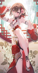 Rule 34 | 1girl, armpits, baozi, bare shoulders, black hair, breasts, china dress, chinese clothes, closed mouth, crossed bangs, detached sleeves, dress, flower, food, food in mouth, hair between eyes, hair flower, hair ornament, hands up, highres, leg up, long sleeves, looking at viewer, medium breasts, novel illustration, official art, pink flower, red eyes, red flower, seiken gakuin no maken tsukai, shary corvette, short hair, solo, standing, standing on one leg, toosaka asagi, wide sleeves