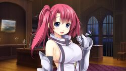 Rule 34 | 1girl, armored gloves, atelier-moo, bare shoulders, blue eyes, breasts, curtained hair, detached sleeves, hair between eyes, highres, indoors, large breasts, long hair, looking at viewer, open mouth, red hair, side ponytail, sideboob, smile, solo, spica celest, standing, upper body, wizards symphony