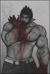 Rule 34 | 1boy, bara, beard, biting, black sclera, black theme, blood, blood on body, blood on hands, brusi (iixblacklionxii), colored sclera, cowboy shot, demon boy, eating, facial hair, fingernails, frown, highres, iixblacklionxii, large hands, large pectorals, looking at viewer, male focus, mature male, muscular, muscular male, navel, nipple piercing, nipple rings, nipples, original, pectorals, piercing, pointy ears, scar, scar on arm, sharp fingernails, short hair, solo, spiked hair, spot color, stomach, strongman waist, thick eyebrows, topless male
