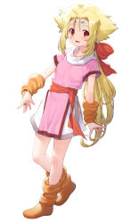 Rule 34 | 1girl, absurdres, arm warmers, blonde hair, boots, brown footwear, commentary request, fiona (zoids), hair ribbon, highres, kazuma muramasa, long hair, looking at viewer, pink shirt, red eyes, red ribbon, ribbon, shirt, short sleeves, simple background, solo, standing, white background, zoids
