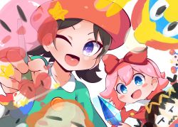 Rule 34 | 2girls, :d, ;d, absurdres, adeleine, beret, black hair, blue eyes, bow, crystal, hair bow, hat, highres, king dedede, kirby, kirby (series), kirby 64, looking at viewer, multiple girls, nintendo, one eye closed, open mouth, paintbrush, painting (action), pink hair, purple eyes, red bow, red headwear, ribbon, ribbon (kirby), ripple star queen, shinsou komachi, short hair, smile, waddle dee, white background