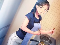 Rule 34 | 1girl, apron, black hair, blue shirt, blush, breasts, bubuzuke, chopsticks, cooking, food, hair over shoulder, hitotsumami: relaxation series, holding, indoors, kitchen, ladle, legs, long hair, looking at viewer, medium breasts, original, parted lips, pink eyes, shirt, short sleeves, smile, solo, standing, thighs