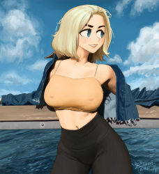 Rule 34 | 1girl, bare shoulders, black pants, blonde hair, blue eyes, blue sky, breasts, cameltoe, cloud, covered erect nipples, cowboy shot, crop top, cropped jacket, day, eyebrows, high-waist pants, highres, jacket, large breasts, long sleeves, looking to the side, medium hair, midriff, navel, off shoulder, open clothes, original, pants, sky, smile, solo, thick eyebrows, yoga pants, zillionaire