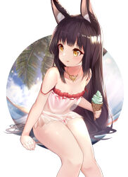 Rule 34 | 1girl, animal ear fluff, animal ears, azur lane, bare arms, bare legs, bare shoulders, bikini, black hair, blush, breasts, clip studio paint (medium), collarbone, commentary request, dress, fox ears, hair ornament, holding, long hair, mujinbensin, nagato (azur lane), nagato (great fox&#039;s respite) (azur lane), orange eyes, photoshop (medium), red bikini, revision, see-through, sleeveless, sleeveless dress, small breasts, smile, solo, swimsuit, tongue, tongue out, very long hair