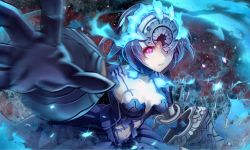 Rule 34 | 1girl, alice (sinoalice), bad id, bad pixiv id, blue dress, blue gloves, blue hair, blue skirt, breasts, commentary request, dress, gauntlets, gloves, glowing, headpiece, hoshizaki reita, looking at viewer, medium breasts, motion blur, navel, one eye covered, parted lips, pleated skirt, purple eyes, reaching, reaching towards viewer, short hair, sinoalice, skirt, solo