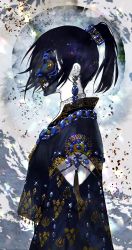Rule 34 | 1girl, black hair, blue gemstone, covered face, earclip, earrings, fringe trim, from side, gem, gold trim, hair tubes, haiyahaiyohai, highres, jewelry, long sleeves, mask, necklace, original, ponytail, profile, shards, shirt overhang, solo, sparkle, tassel, upper body, wide sleeves