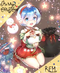 Rule 34 | 10s, 1girl, :d, bare shoulders, blue eyes, blue hair, blush, bow, breasts, character name, christmas stocking, christmas tree, cleavage, commentary request, earmuffs, fingernails, green bow, hair between eyes, hair ornament, heart, high heels, kneehighs, large breasts, long sleeves, melings (aot2846), merry christmas, open mouth, re:zero kara hajimeru isekai seikatsu, red footwear, red skirt, rem (re:zero), round teeth, sack, shirt, shoes, skirt, smile, snowman, socks, solo, standing, steepled fingers, stuffed animal, stuffed toy, teddy bear, teeth, upper teeth only, white shirt, white socks, x hair ornament