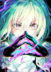 Rule 34 | 1boy, black gloves, fingers together, fire, gloves, green hair, hair between eyes, lio fotia, long sleeves, male focus, promare, purple eyes, purple fire, sacanahen, signature, solo, steepled fingers, upper body, white neckwear