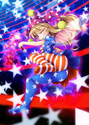 Rule 34 | 1girl, ;p, american flag dress, american flag legwear, ass, blush stickers, chima q, clownpiece, fairy wings, fire, full body, hat, jester cap, laser, long hair, looking at viewer, one eye closed, outstretched arm, pantyhose, pink eyes, short sleeves, solo, star (symbol), star print, striped clothes, striped pantyhose, tongue, tongue out, torch, touhou, very long hair, wand, wings