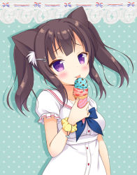 Rule 34 | 1girl, anchor hair ornament, animal ears, aqua background, blue bow, blush, bow, breasts, brown hair, cat ears, collarbone, collared dress, commentary request, double scoop, dress, food, hair ornament, hairclip, head tilt, holding, ice cream, ice cream cone, kaiware-san, licking, looking at viewer, medium breasts, original, polka dot, polka dot background, polka dot scrunchie, puffy short sleeves, puffy sleeves, purple eyes, sailor dress, scrunchie, short sleeves, smile, solo, tongue, tongue out, tsurime, twintails, upper body, wrist scrunchie, yellow scrunchie
