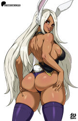 Rule 34 | 1girl, absurdres, animal ears, artist logo, ass, back, backless shirt, bare arms, bare back, bare shoulders, black shirt, boku no hero academia, breasts, clothing cutout, commentary, dark-skinned female, dark skin, english commentary, from behind, hands on own ass, highres, kyoffie, large breasts, long hair, looking at viewer, looking back, median furrow, mirko, panties, parted bangs, parted lips, patreon username, purple panties, purple thighhighs, rabbit ears, rabbit girl, rabbit tail, red eyes, shirt, sideboob, skindentation, sleeveless, sleeveless shirt, smile, solo, tail, tail through clothes, thick thighs, thighhighs, thighs, toned, underwear, very long hair, white background, white hair