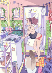 Rule 34 | 1girl, artist name, bare legs, barefoot, basket, bathroom, black camisole, blush, bra, breasts, brown hair, brushing teeth, camisole, cat, chemise, clothesline, commentary, eyelashes, from side, hair pulled back, head scarf, highres, indoors, leaning forward, light bulb, medium breasts, medium hair, mirror, mouth hold, no bra, original, panties, picture frame, ponytail, profile, red bra, red panties, revision, rug, see-through, shower (place), side-tie panties, sideboob, signature, sink, slippers, solo, standing, thighs, tile wall, tiles, toothbrush, toothbrush in mouth, top-load washing machine, umishima senbon, underwear, unworn bra, unworn slippers, washing machine