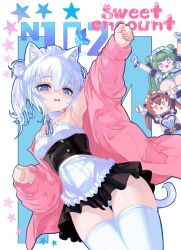 Rule 34 | 3girls, absurdres, animal ears, armpits, blue eyes, breasts, cat ears, cat tail, character name, character request, goddess of victory: nikke, hair ornament, highres, inugressive, jacket, multiple girls, n102 (nikke), panties, pink jacket, small breasts, tail, thighhighs, thighs, twintails, underwear, white hair
