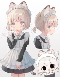 Rule 34 | 1girl, :d, ame usako, animal ear fluff, animal ears, apron, black dress, blue eyes, blush, brown hair, cat ears, chibi, closed mouth, collared dress, commentary request, dress, frilled apron, frills, gradient background, grey background, hand up, heart, highres, looking at viewer, maid, maid apron, maid headdress, multiple views, open mouth, original, ponytail, short hair, signature, sleeves past wrists, smile, translation request, twitter username, white apron