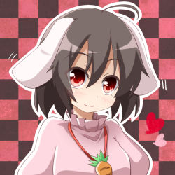 Rule 34 | 1girl, ahoge, animal ears, black hair, checkered background, evandragon, heart, inaba tewi, jewelry, pendant, rabbit ears, red eyes, short hair, solo, touhou