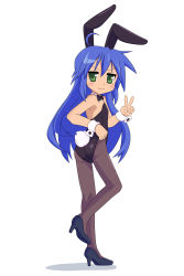 Rule 34 | 1girl, :3, absurdres, ass, black footwear, black leotard, black neckwear, blue hair, blush, bow, bowtie, brown pantyhose, detached collar, from behind, green eyes, high heels, highres, izumi konata, leotard, long hair, looking at viewer, looking back, lucky star, mole, mole under eye, not call, pantyhose, playboy bunny, rabbit ears, rabbit tail, shoes, simple background, smile, v, white background, wrist cuffs