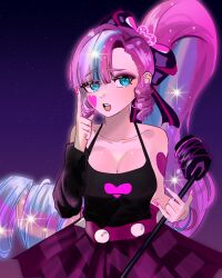 Rule 34 | 1girl, cookie run, gutan (gugangtan), highres, humanization, jewelry, long hair, looking at viewer, makeup, microphone, multicolored hair, open mouth, pink hair, pink skirt, shining glitter cookie, shirt, skirt, sleeveless, sleeveless shirt, solo, tattoo, two-tone hair