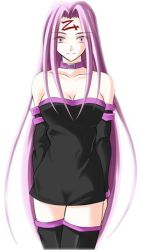 Rule 34 | 00s, 1girl, bare shoulders, breasts, cleavage, collar, detached sleeves, fate/stay night, fate (series), large breasts, long hair, medusa (fate), medusa (rider) (fate), non-web source, pink eyes, purple hair, simple background, solo, square pupils, thighhighs, very long hair, zettai ryouiki