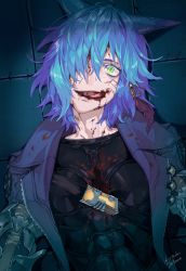 Rule 34 | 1girl, animal ears, armor, blood, blood on clothes, blood on face, blue coat, blue hair, cat ears, coat, crack, cracked floor, earrings, facial mark, final fantasy, final fantasy xiv, green eyes, guro, hair over one eye, highres, injury, jewelry, medium hair, miqo&#039;te, open mouth, satome setsuko, signature, slit pupils, solo, tongue, tongue out, warrior of light (ff14)