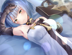 Rule 34 | 1girl, arm up, armpits, azur lane, blunt bangs, choker, commentary request, cross, cross choker, cross staff, dress, elbow gloves, eric (tianqijiang), gascogne (azur lane), gauntlets, gloves, looking at viewer, lying, on back, short hair, sidelocks, solo, strapless, strapless dress, white dress