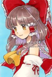 Rule 34 | 1girl, 2zuz4hru, ascot, bare shoulders, blue background, blunt bangs, bow, brown eyes, brown hair, closed mouth, commentary request, detached sleeves, frilled shirt collar, frills, hair bow, hair tubes, hakurei reimu, highres, light blush, long hair, looking ahead, marker (medium), sidelocks, smile, solo, touhou, traditional media, yellow ascot