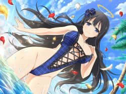 Rule 34 | 1girl, bare arms, bare shoulders, black hair, blue eyes, blue ribbon, blue sky, bow, bowtie, breasts, cleavage, cloud, cloudy sky, cross-laced clothes, falling petals, floating, floating object, groin, hair ornament, hair ribbon, halo, hand on own chest, highleg, highleg swimsuit, large breasts, linea alba, long hair, looking at viewer, morning, navel, ocean, official alternate costume, official art, one-piece swimsuit, page number, palm leaf, palm tree, partially submerged, petals, plant, ribbon, ryouki (senran kagura), senran kagura, senran kagura new link, shiny skin, sky, slingshot swimsuit, smile, solo, sun, sunlight, swimsuit, thighs, tree, water, water drop, wet, yaegashi nan