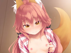 Rule 34 | 1girl, aged down, animal ear fluff, animal ears, black scrunchie, blush, breasts, brown eyes, closed mouth, collarbone, commentary request, fate/extra, fate (series), fox ears, fox girl, fox tail, hair between eyes, hair ornament, hair scrunchie, haryuu (poetto), highres, hood, hood down, hooded jacket, jacket, long hair, low twintails, nipples, nose blush, official alternate costume, open clothes, open jacket, pink hair, scrunchie, small breasts, smile, solo, striped clothes, striped jacket, tail, tamamo (fate), tamamo no mae (fate/extra), tamamo no mae (spring casual) (fate), twintails, upper body, very long hair, wooden floor