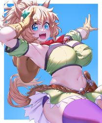 Rule 34 | 1girl, :d, animal ears, arm up, armband, armpits, bandeau, bare shoulders, belt, bikini, bikini under clothes, blue background, blue eyes, blush, border, breasts, brown belt, cleavage, commentary request, cowboy hat, front-tie top, gloves, green armband, green skirt, gun, hair between eyes, hair ornament, handgun, hat, hat on back, highres, horse ears, horse girl, horse tail, large breasts, looking at viewer, midriff, miniskirt, navel, onsoku inu, open mouth, outside border, outstretched arm, ponytail, purple thighhighs, red scarf, revolver, salute, scarf, short hair, skirt, skirt set, smile, solo, star (symbol), star hair ornament, stomach, strapless, swimsuit, taiki shuttle (umamusume), tail, thighhighs, thighs, tube top, two-tone background, umamusume, weapon, white background, white border, yellow gloves