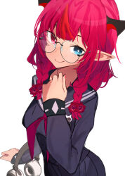 Rule 34 | 1girl, absurdres, blue eyes, blue shirt, blue skirt, braid, flower, getto, glasses, hair flower, hair ornament, headphones, headphones removed, heterochromia, highres, holding, holding headphones, hololive, hololive english, horns, irys (gaming casual) (hololive), irys (hololive), long hair, long sleeves, looking at viewer, multicolored hair, neckerchief, pleated skirt, pointy ears, purple eyes, purple hair, red hair, red neckerchief, round eyewear, school uniform, serafuku, shirt, simple background, skirt, smile, solo, streaked hair, twin braids, virtual youtuber, white background