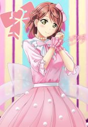 Rule 34 | 1girl, arjend, artist name, artist request, back bow, blush, bow, bowtie, braid, braided bun, breasts, dream with you (love live!), dress, female focus, green eyes, hair bow, hair bun, hair ornament, hairclip, jewelry, looking at viewer, love live!, love live! nijigasaki high school idol club, love live! school idol festival, necklace, orange hair, own hands together, parted lips, pearl necklace, pink bow, pink bowtie, pink dress, pink skirt, pink wrist cuffs, polka dot, polka dot skirt, puffy short sleeves, puffy sleeves, red hair, short hair, short sleeves, side bun, single hair bun, skirt, small breasts, smile, solo, star (symbol), star hair ornament, uehara ayumu, white bow, wrist cuffs, yellow eyes