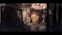 Rule 34 | 3girls, blunt bangs, curtains, dress, genshin impact, gothic lolita, hair ornament, half-closed eyes, hand in own hair, hat, highres, hime cut, letterboxed, lips, lipstick, lolita fashion, long sleeves, looking at viewer, makeup, multiple girls, newflame, parted lips, purple hair, red eyes, yun jin (genshin impact)