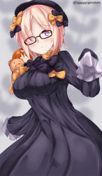 Rule 34 | 1girl, :o, abigail williams (fate), abigail williams (fate) (cosplay), alternate costume, bad id, bad pixiv id, black-framed eyewear, black bow, black dress, black hat, bow, breasts, character doll, commentary request, cosplay, dress, fate/grand order, fate (series), fujimaru ritsuka (female), glasses, hair bow, hands in opposite sleeves, hat, head tilt, large breasts, long sleeves, looking at viewer, mash kyrielight, orange bow, orange hair, parted bangs, parted lips, pink hair, polka dot, polka dot bow, purple eyes, short hair, solo, stuffed animal, stuffed toy, tasora, teddy bear, twitter username